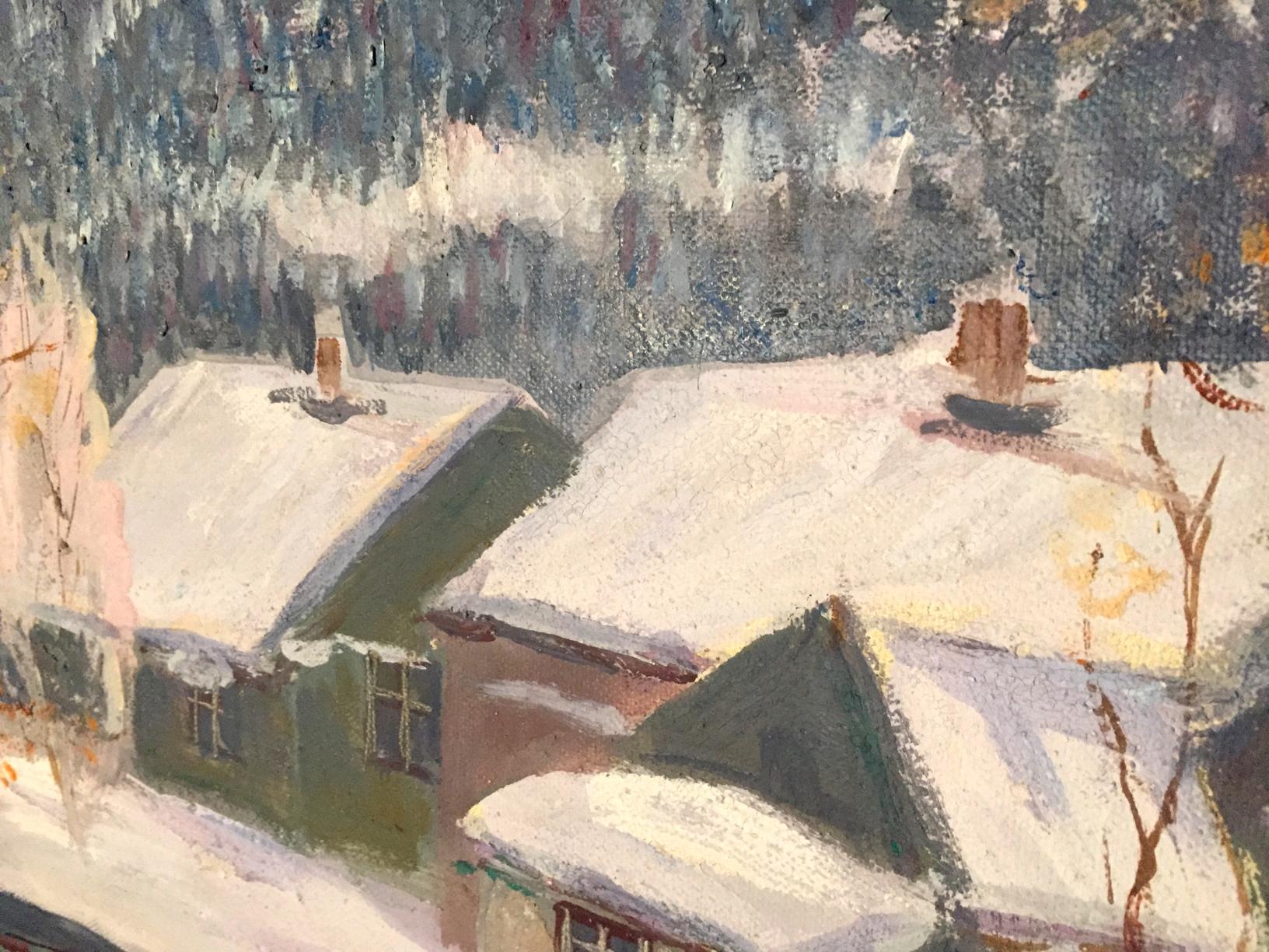 Oil painting of snow-covered rooftops in Winter in the Carpathians by Shary Anatoly Ivanovich