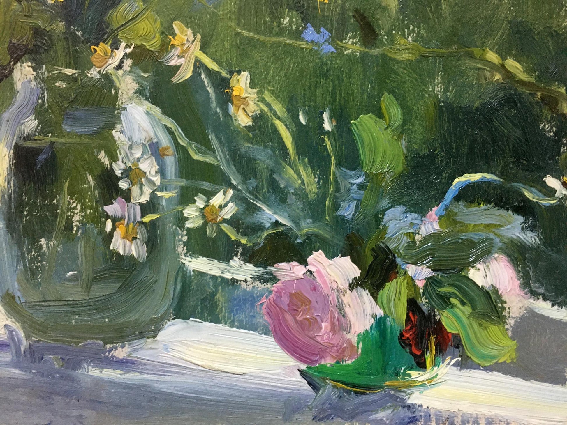 Oil painting of flowers on window by Poplavsky Mikhail Konstantinovich