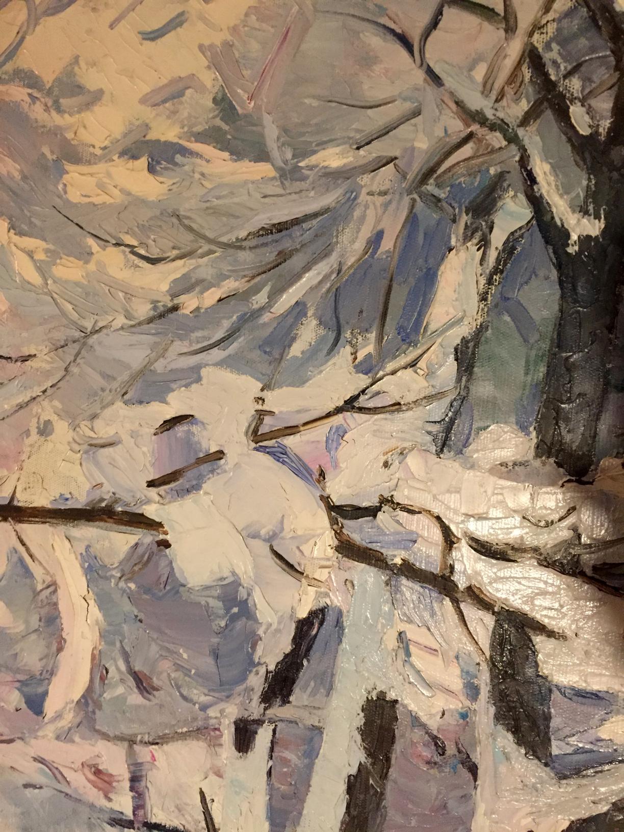 Textured impressionistic oil painting of snow-covered branches by Sabadysh Petr Yevlampievich