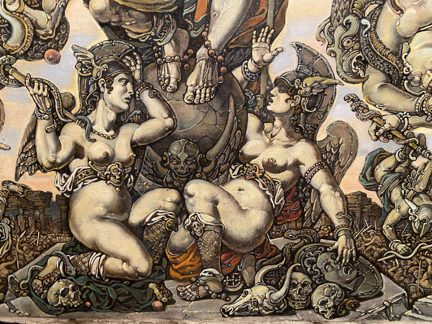 Oil painting Apotheosis of Homer by Litvinov Oleg Arkad’yevich: winged nude figures in ornate armor
