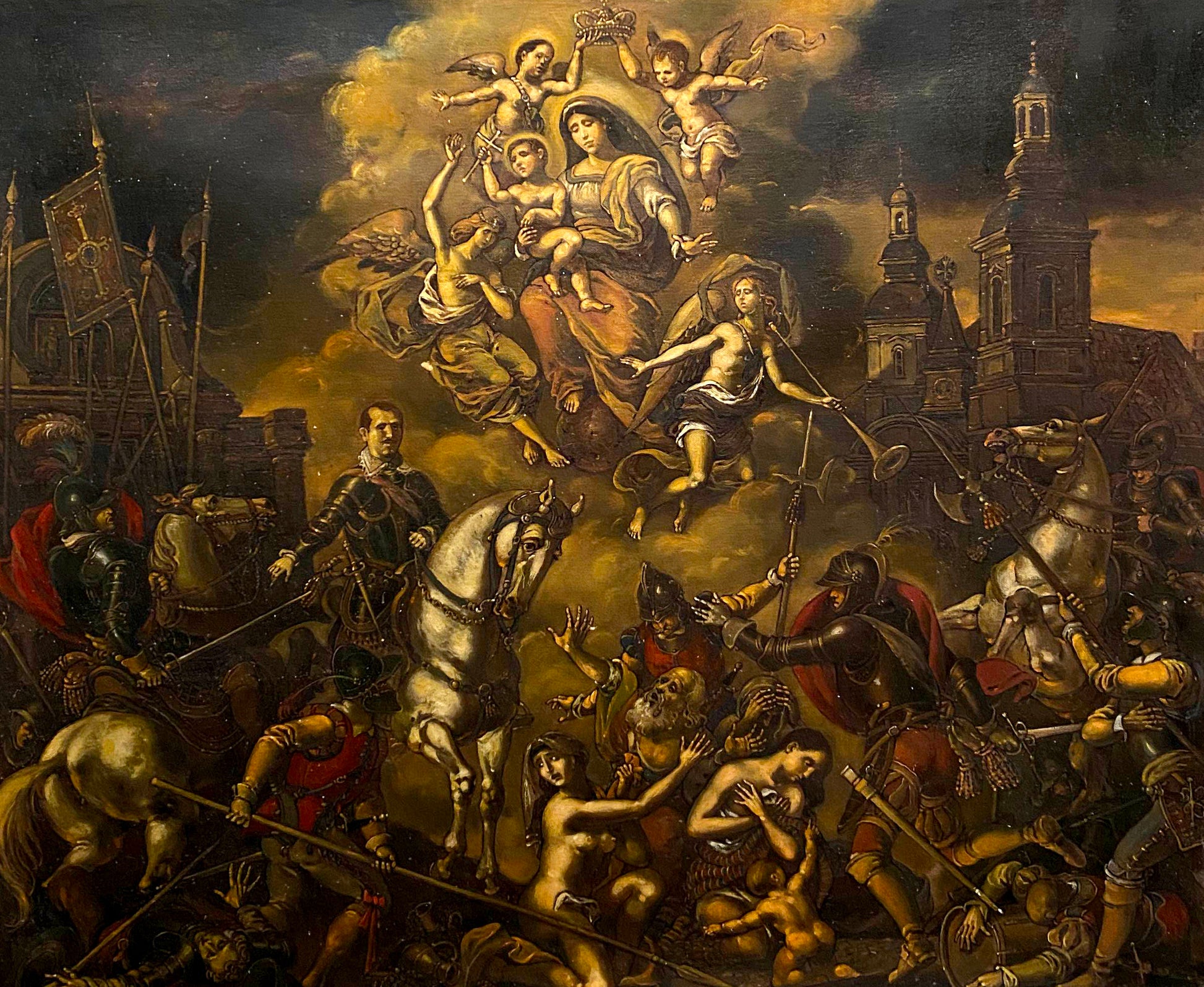Oil painting Assault on Breda by Oleg Litvinov: Mary, Jesus, angels battle soldiers