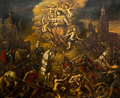 Oil painting Assault on Breda by Oleg Litvinov: Mary, Jesus, angels battle soldiers