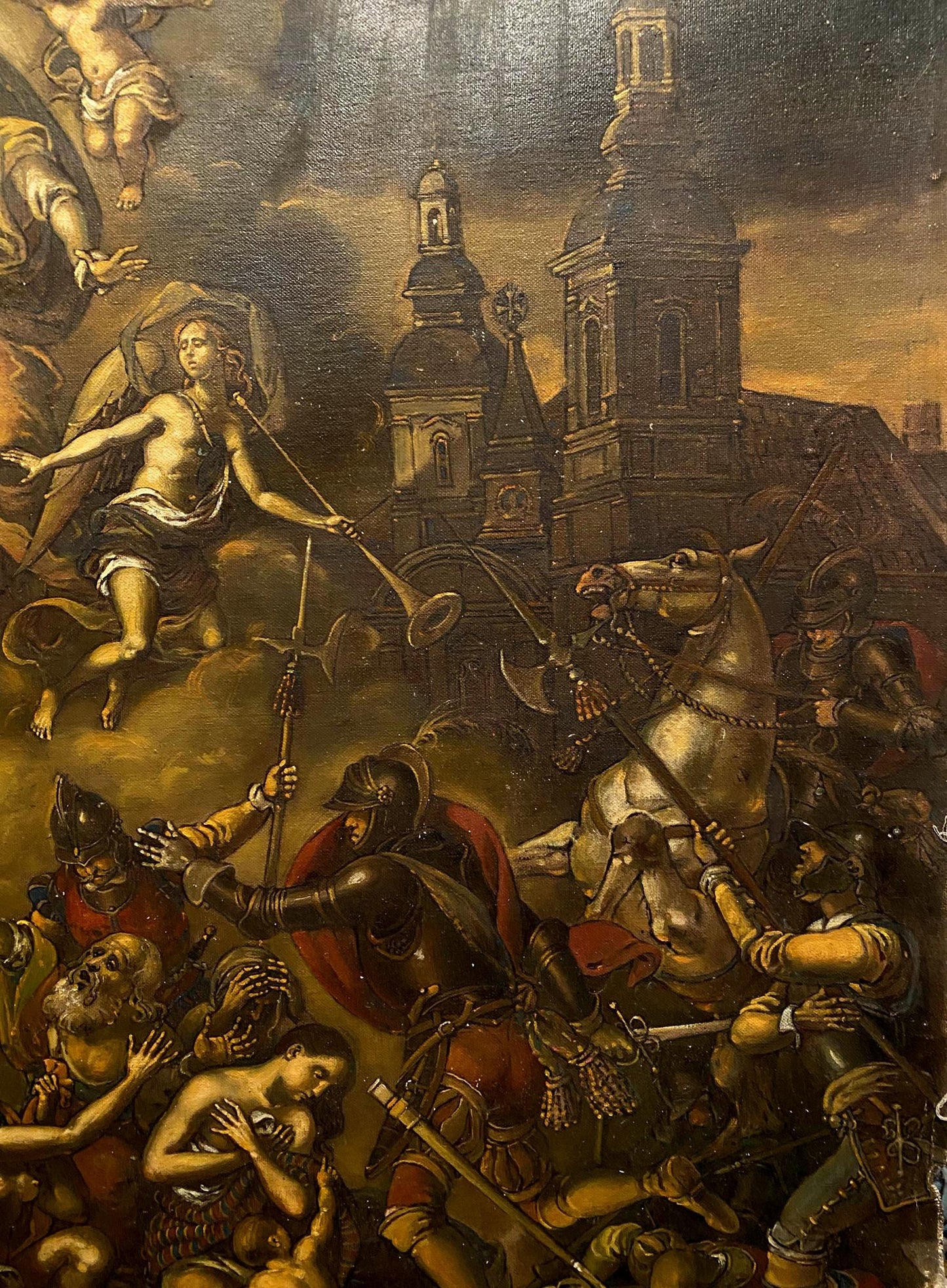 Oil painting Assault on Breda by Oleg Litvinov: celestial warrior in battle