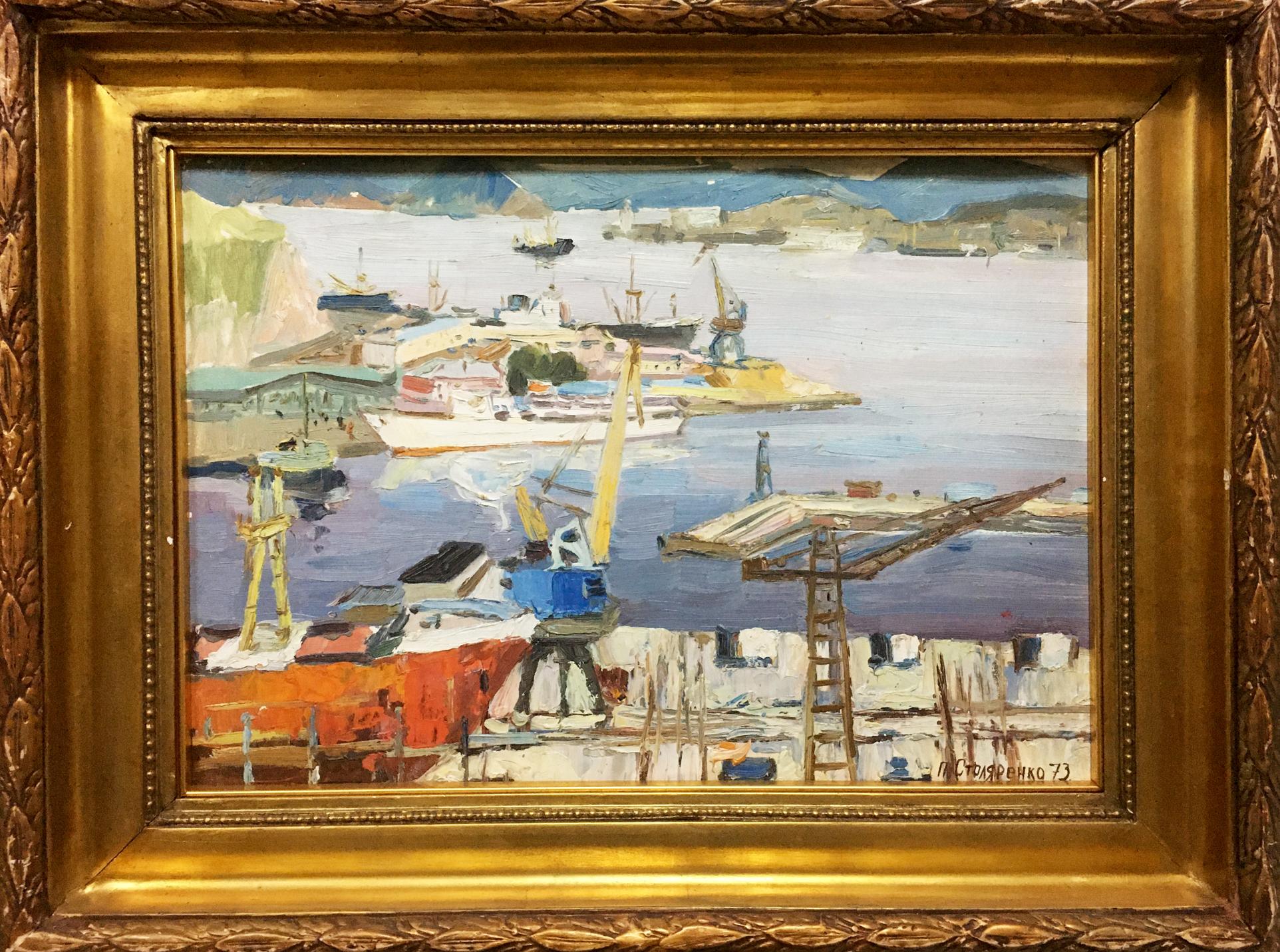 Vibrant oil painting of bustling ship port by Stolyarenko Petr Kuzmich in gilded frame