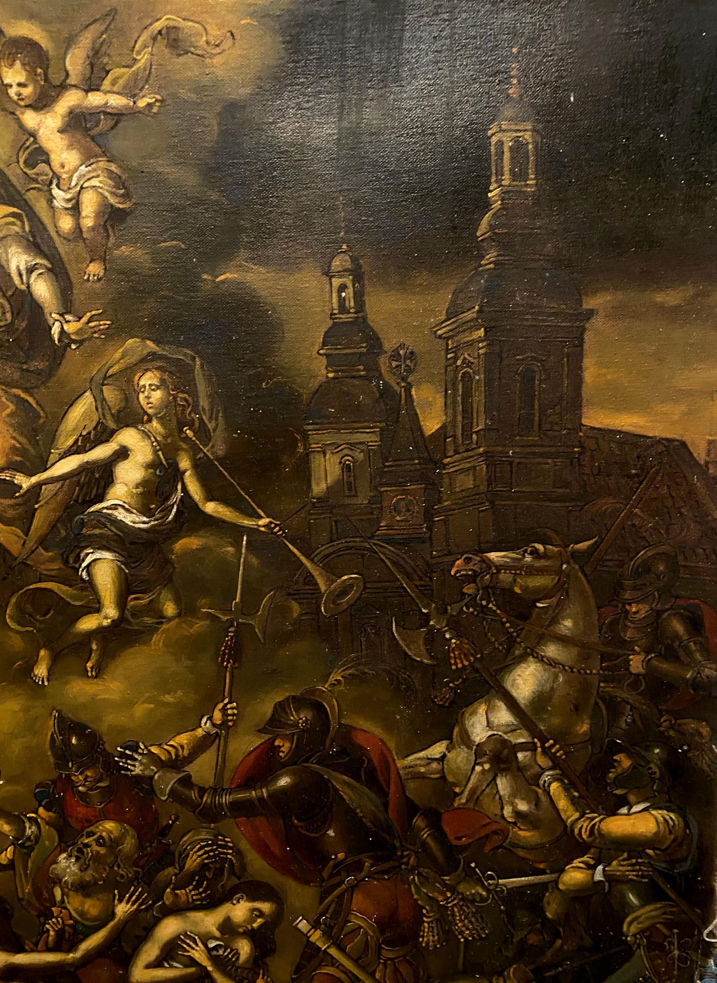 Dramatic oil painting of Assault on Breda by Oleg Litvinov, celestial battle