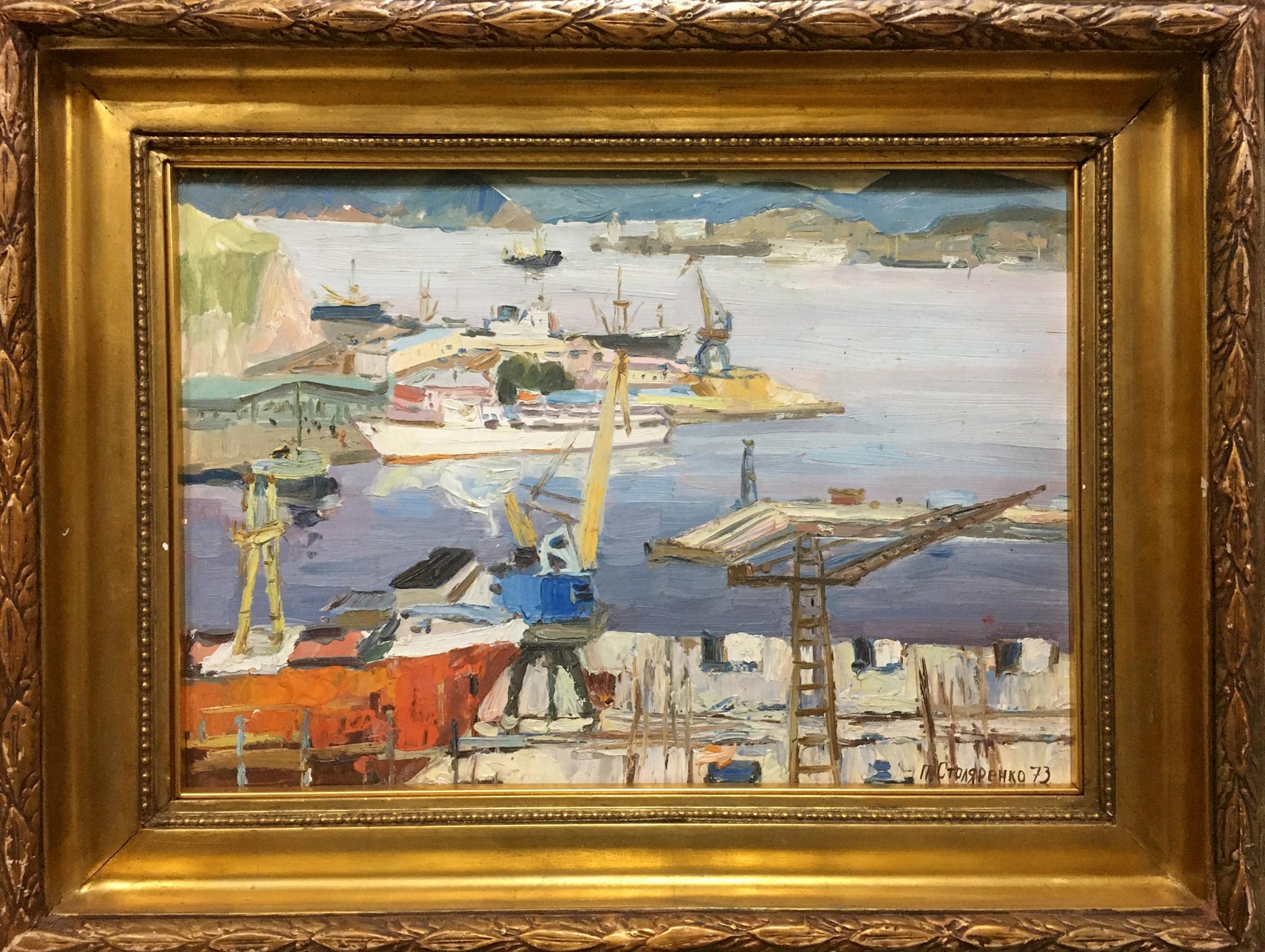 Oil painting of bustling ship port by Stolyarenko Petr Kuzmich in gold frame