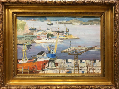 Oil painting of bustling ship port by Stolyarenko Petr Kuzmich in gold frame