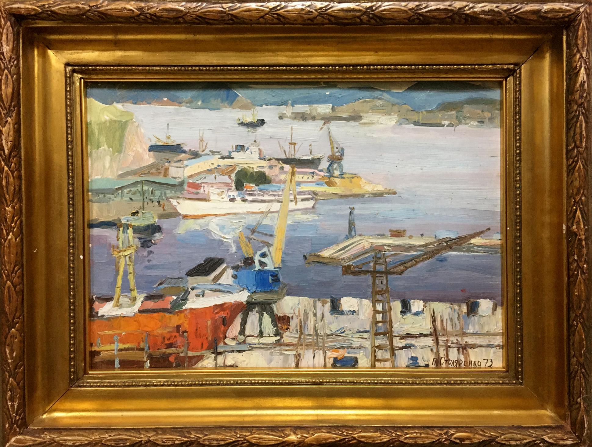 Oil painting of bustling ship port by Stolyarenko Petr Kuzmich in ornate frame