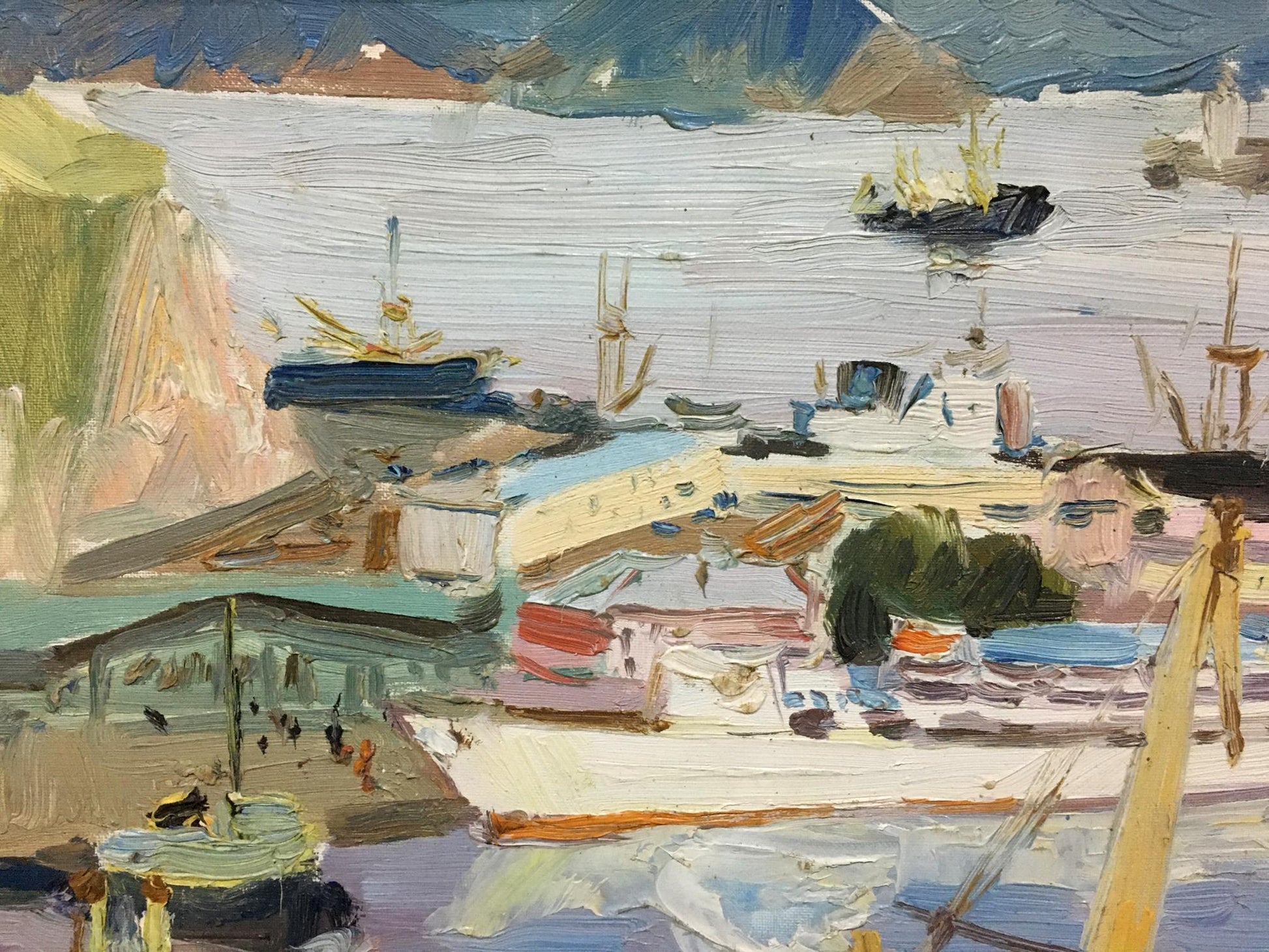 Textured impressionist oil painting of harbor by Stolyarenko Petr Kuzmich