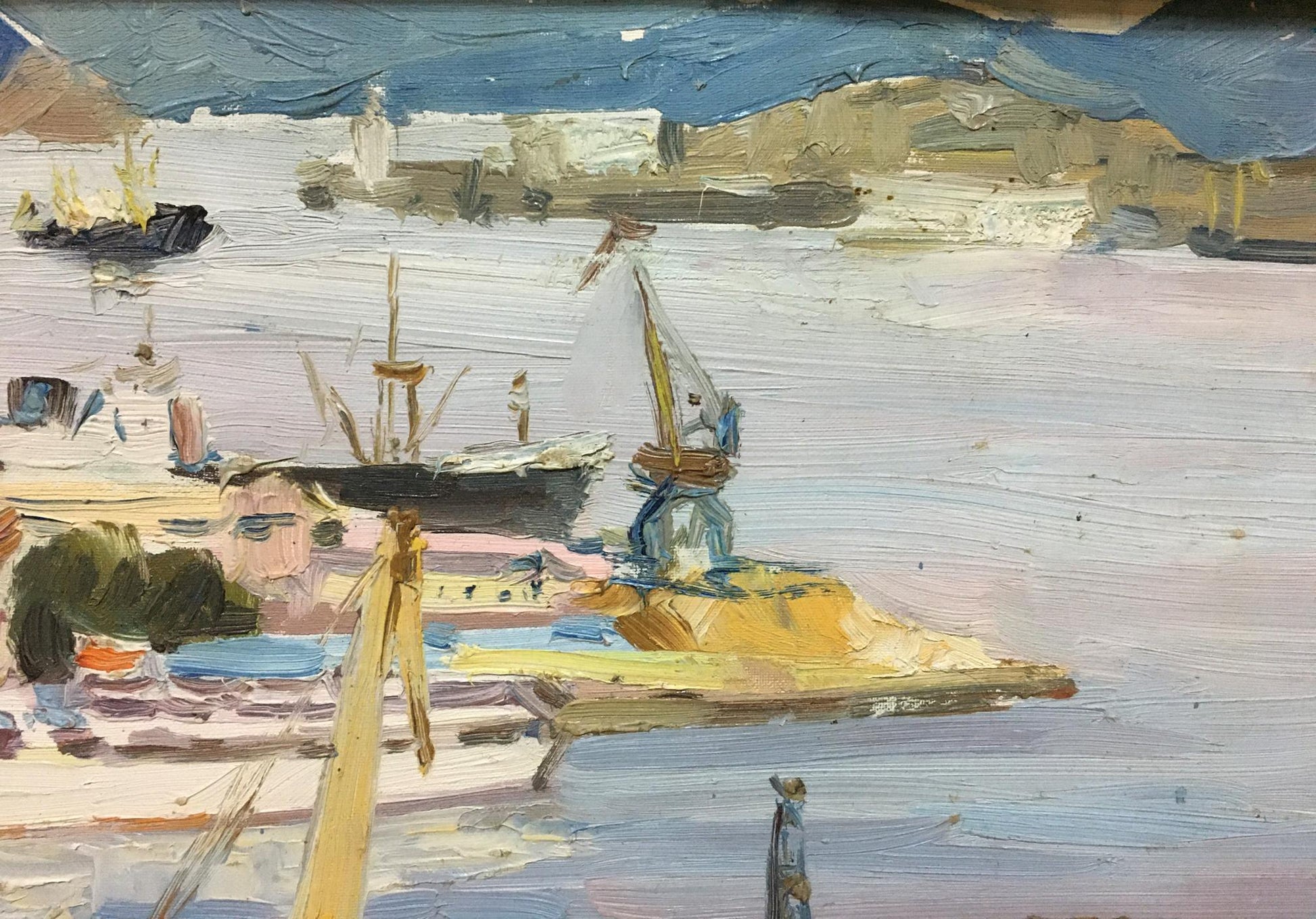 Oil painting of harbor with boats and cranes by Stolyarenko Petr Kuzmich