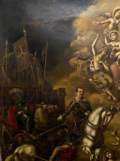 Dramatic oil painting of Assault on Breda by Oleg Litvinov, medieval knights battle
