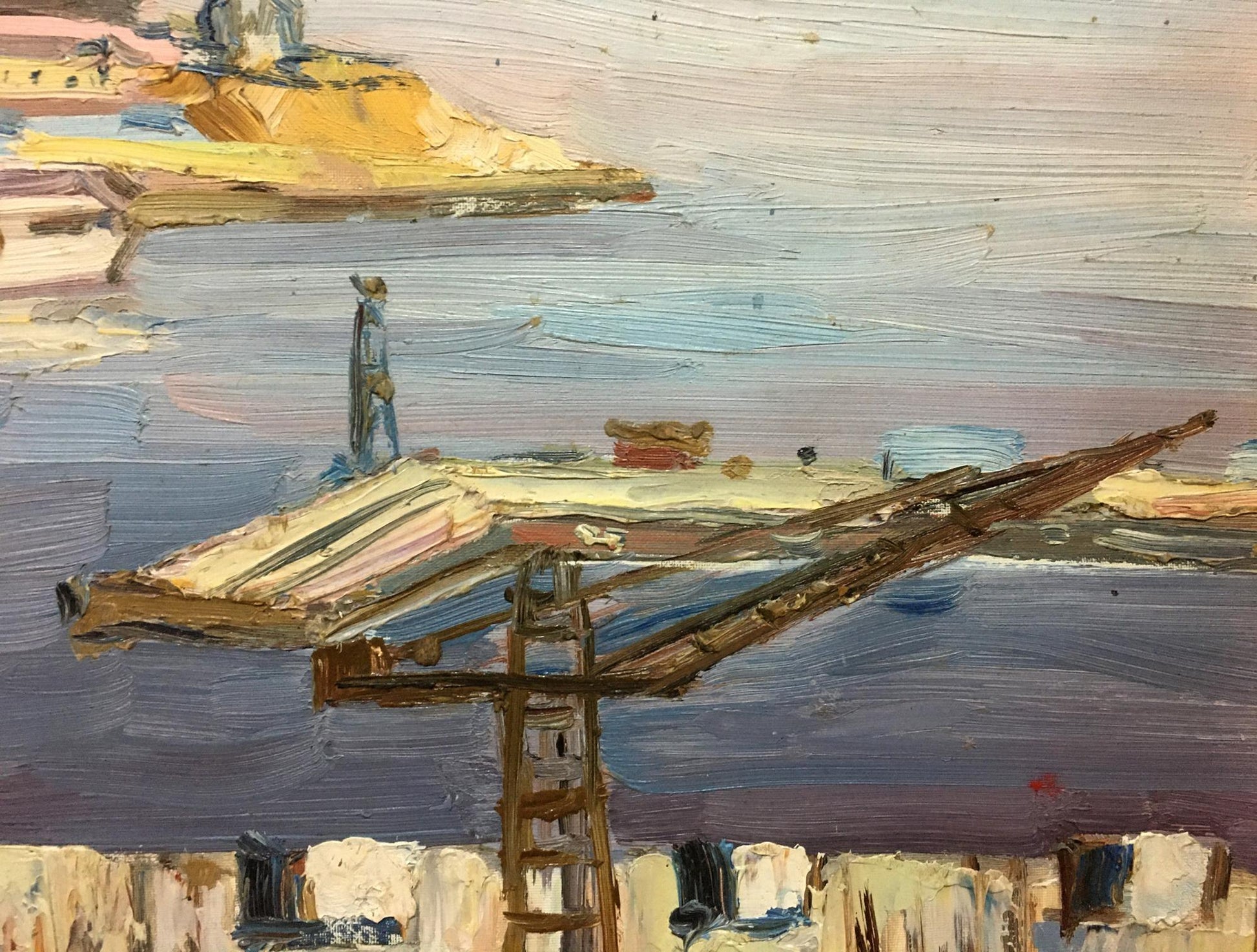 Oil painting by Stolyarenko Petr Kuzmich: lone figure on ship port pier