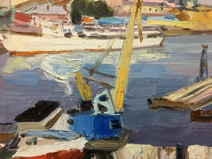 Vibrant blue yellow crane in harbor by Stolyarenko Petr Kuzmich oil painting
