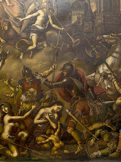 Dramatic oil painting of assault on Breda by Oleg Litvinov with knights and angels