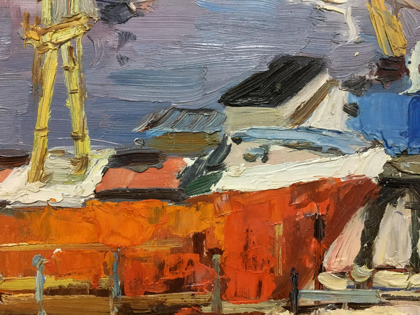 Oil painting of vibrant orange boat by Stolyarenko Petr Kuzmich