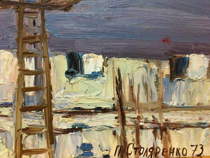 Oil painting of ship port by Stolyarenko Petr Kuzmich with ladder in abstract landscape
