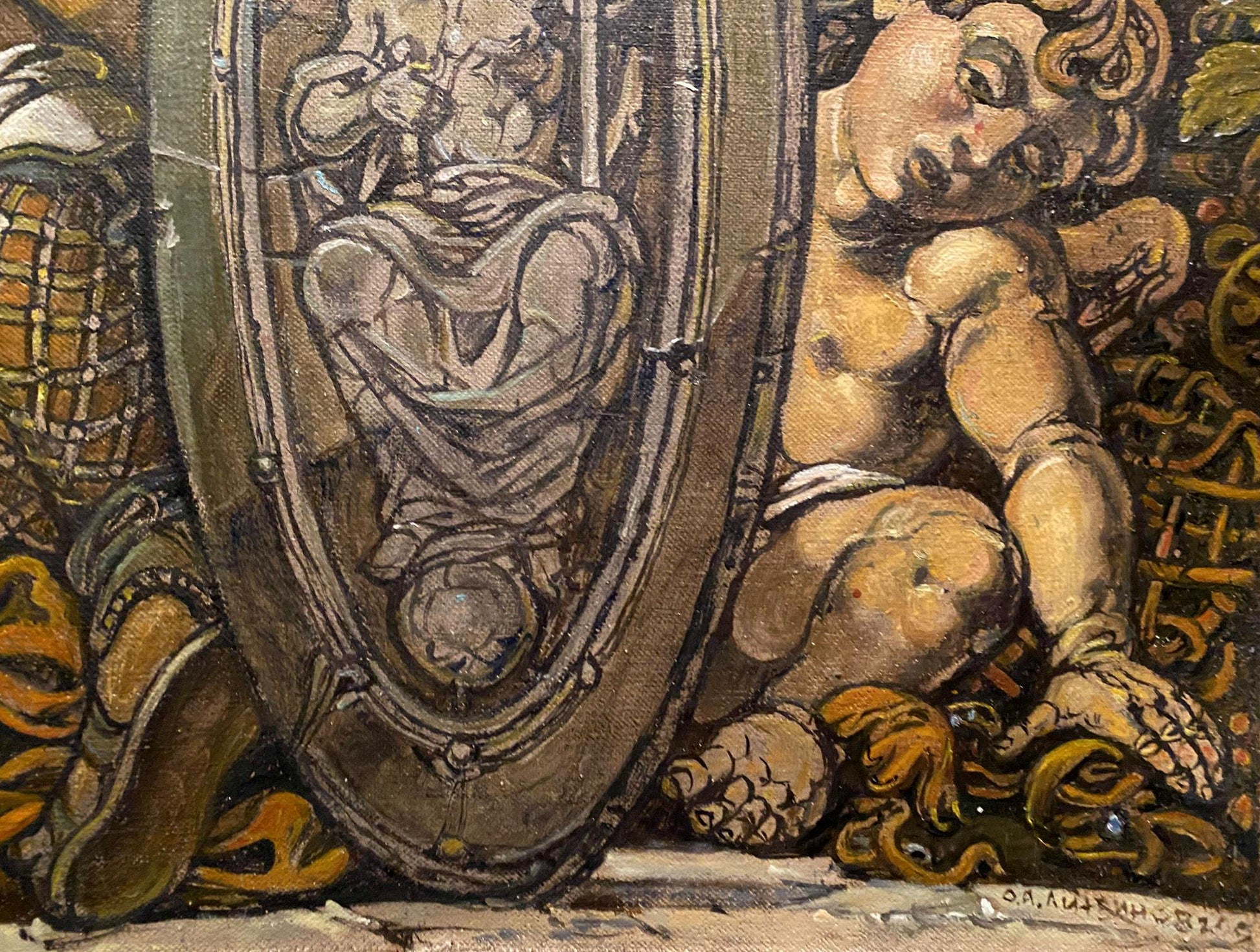 Oil painting of cherub by shield in The Judgment of Paris by Litvinov Oleg Arkad’yevich
