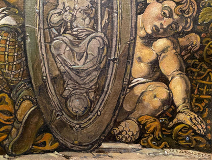 Oil painting of cherub by shield in The Judgment of Paris by Litvinov Oleg Arkad’yevich