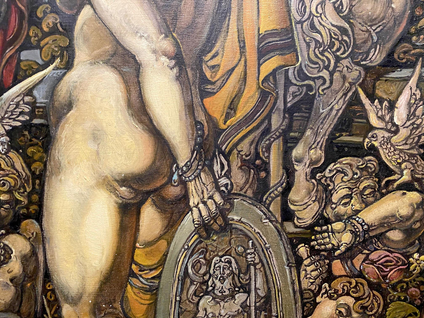 Oil painting The Judgment of Paris by Litvinov: nude muscular figure with ornate bearded shield