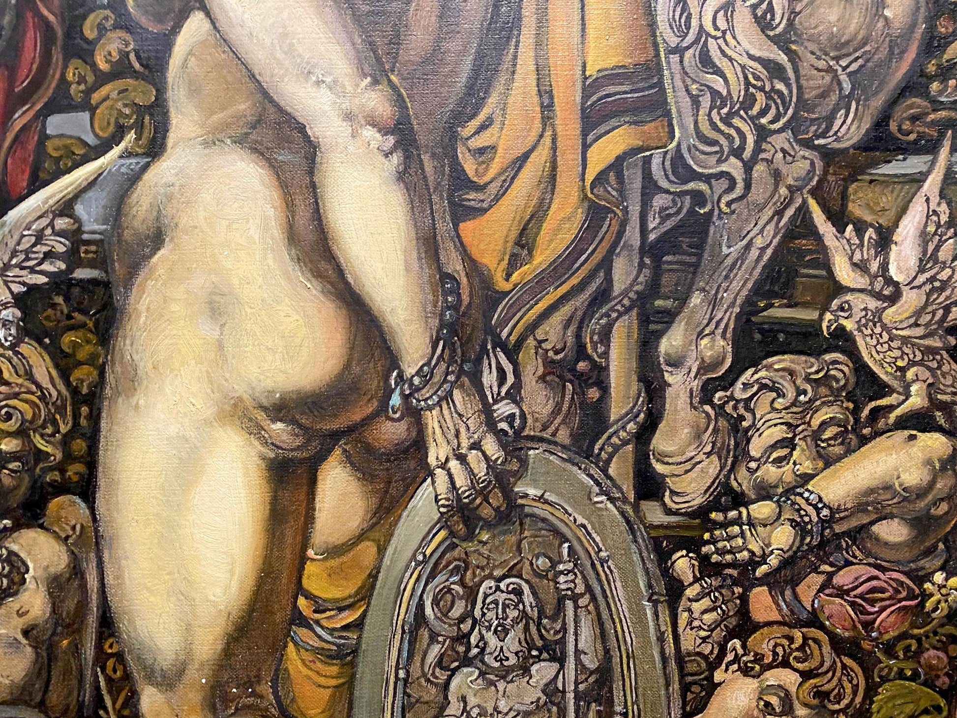Oil painting The Judgment of Paris by Litvinov: nude muscular figure with ornate bearded shield