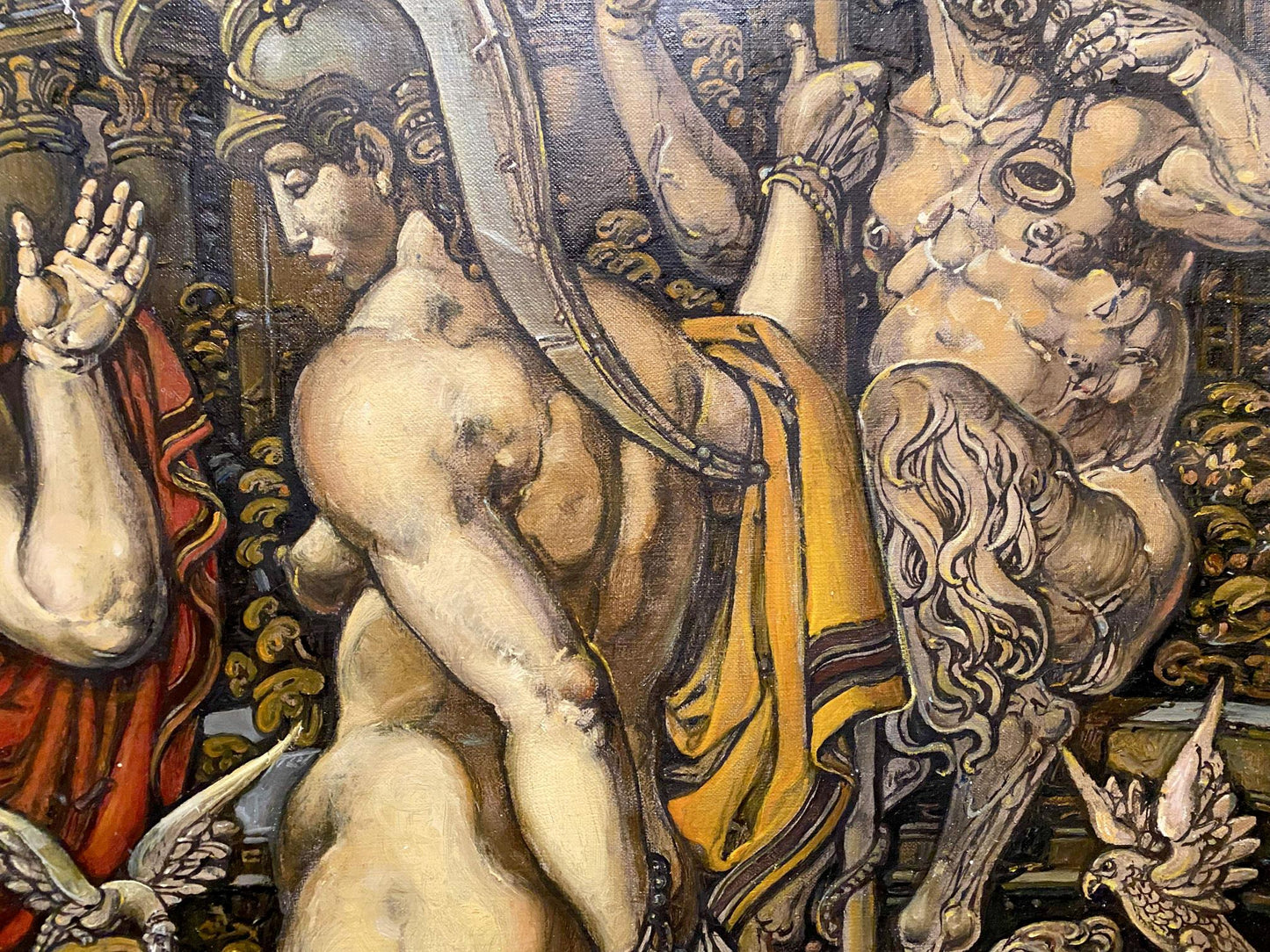 Oil painting The Judgment of Paris by Litvinov Oleg Arkad’yevich: muscular nude male with golden helmet