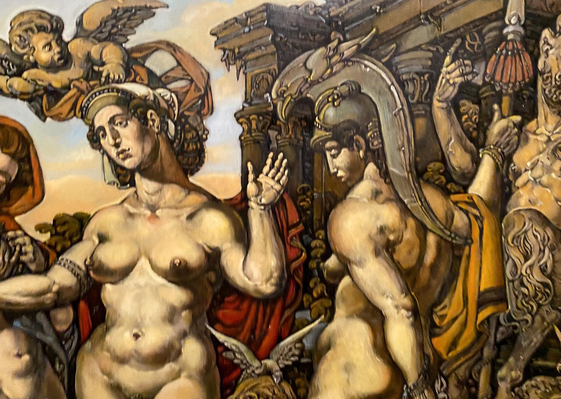 Oil painting The Judgment of Paris by Litvinov Oleg Arkadyevich, nude muscular woman in helmet