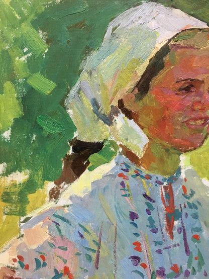 Oil painting portrait of girl in white headscarf and floral blouse by Naumova Tamara Sergeevna