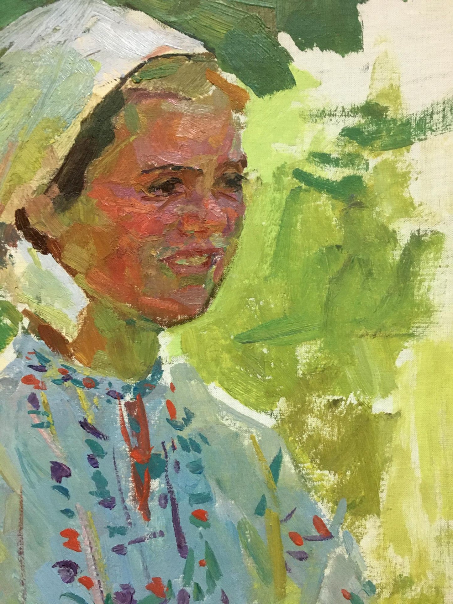 Vibrant oil painting portrait of smiling girl by Naumova Tamara Sergeevna