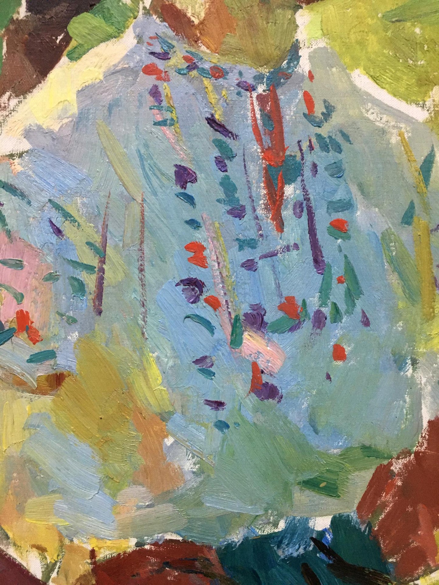 Vibrant oil painting blouse by Naumova Tamara Sergeevna, blue base with floral patterns