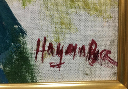 Red cursive signature on textured canvas back of Naumova Tamara Sergeevna oil portrait under gold frame