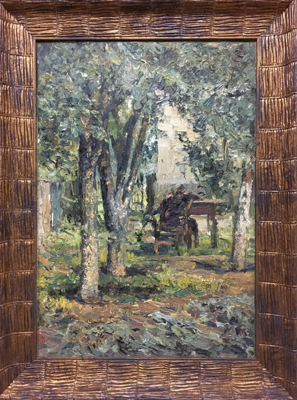 Oil painting My Garden in textured brown woven frame with lush green landscape