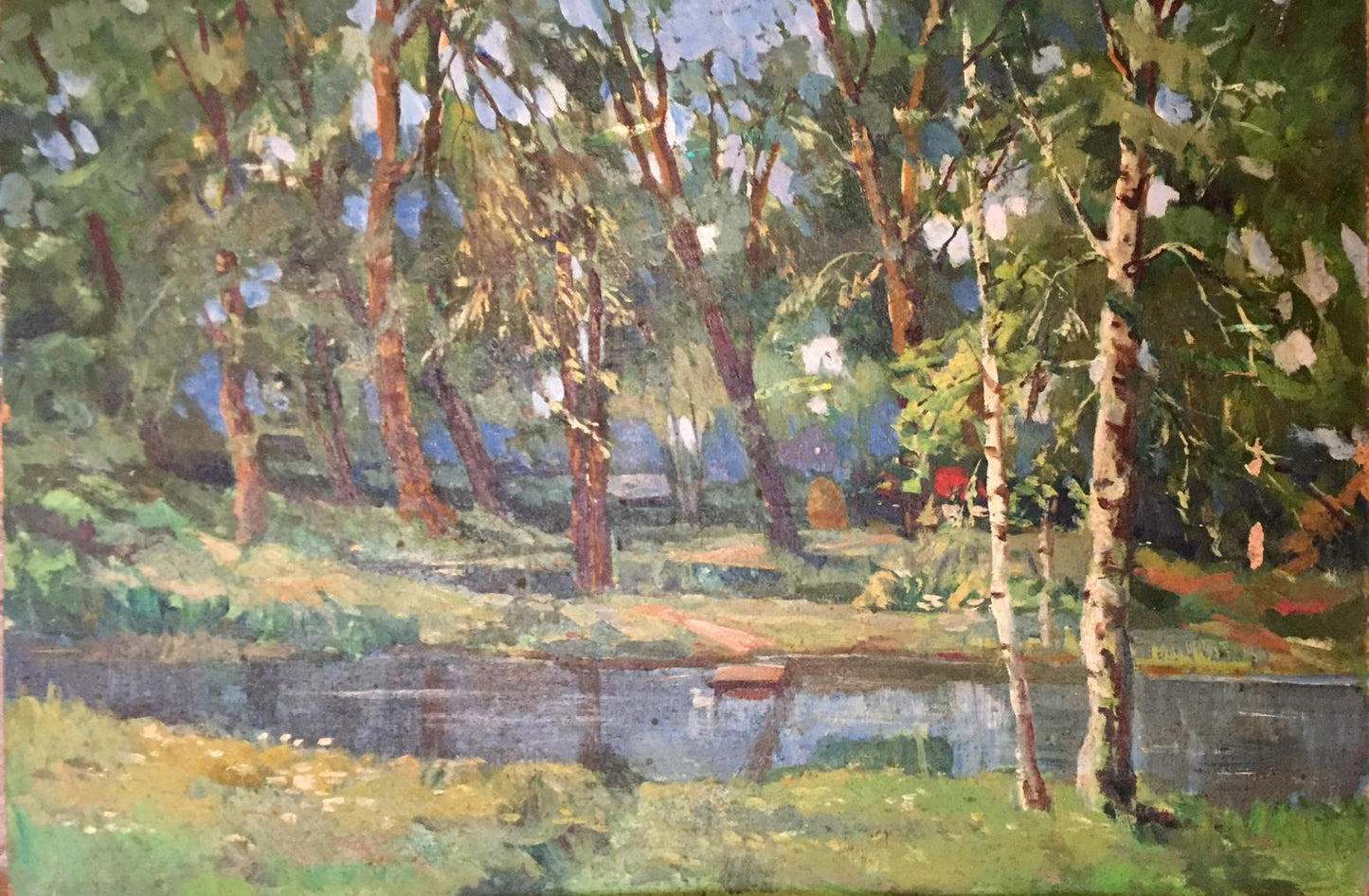 Serene impressionist oil painting of lake in forest park by unknown artist