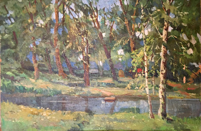 Serene impressionist oil painting of lake in forest park by unknown artist