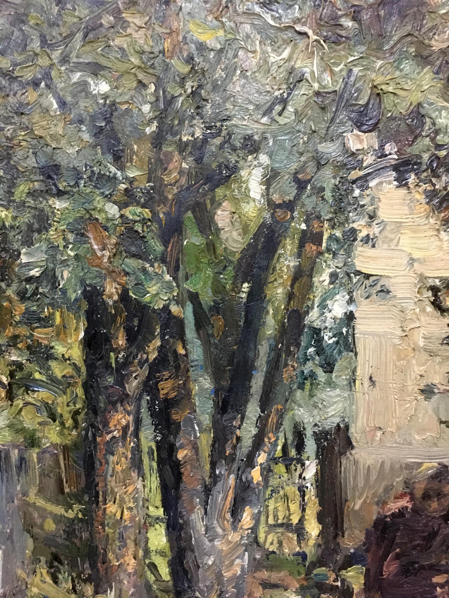 Impressionistic oil painting My garden trees in textured greens and browns