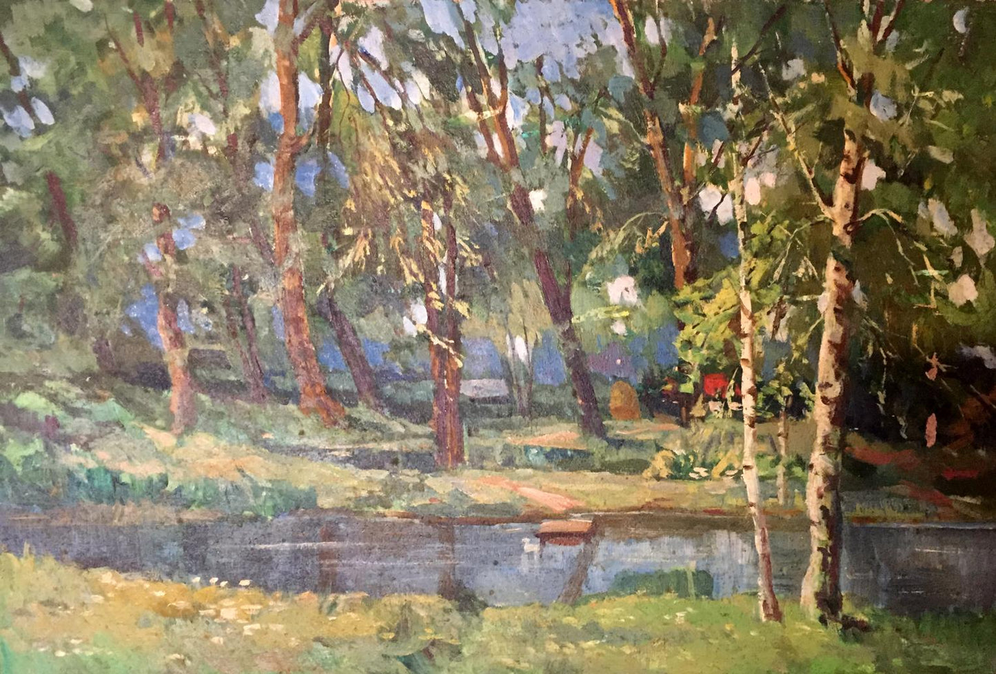 Serene impressionist oil painting of sunlit lake in forest park