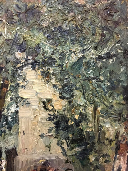 Oil painting My garden: textured impressionist classical column in foliage
