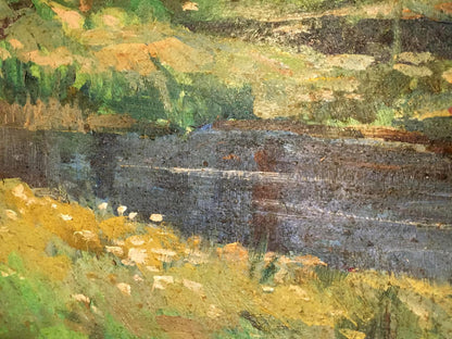 Oil painting of serene lake in forest park with lush green foliage