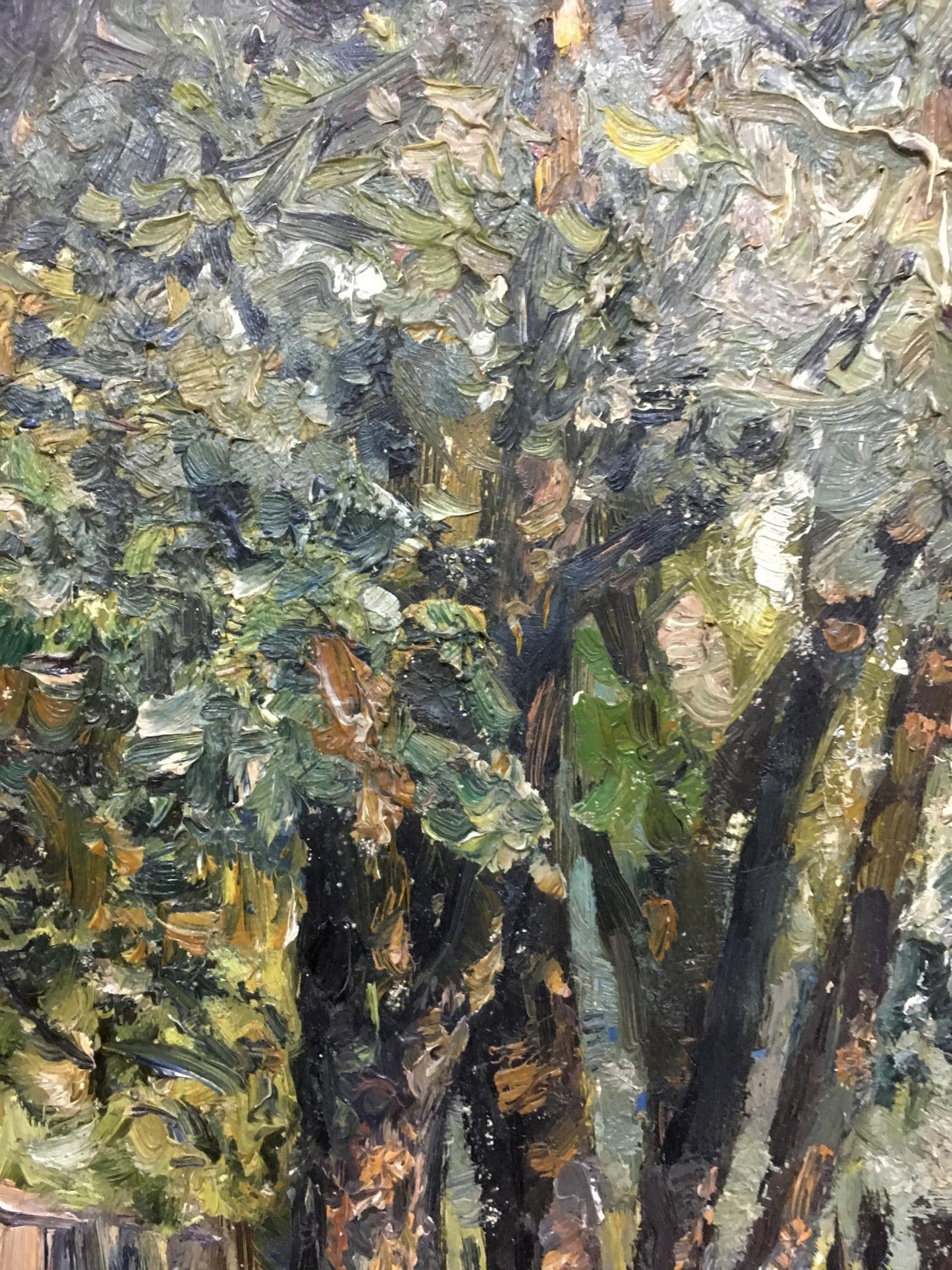 Oil painting My Garden textured tree in greens browns grays