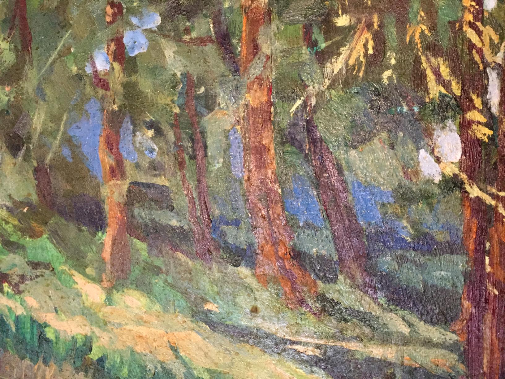 Oil painting of lake in forest park by unknown artist, textured trees