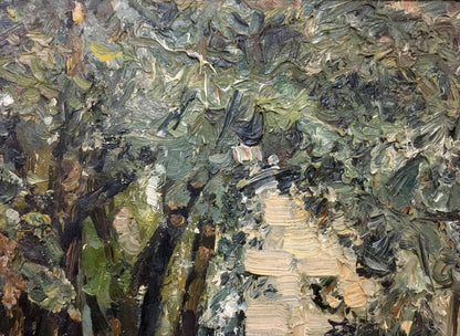 Oil painting My Garden: winding stone path through textured green foliage