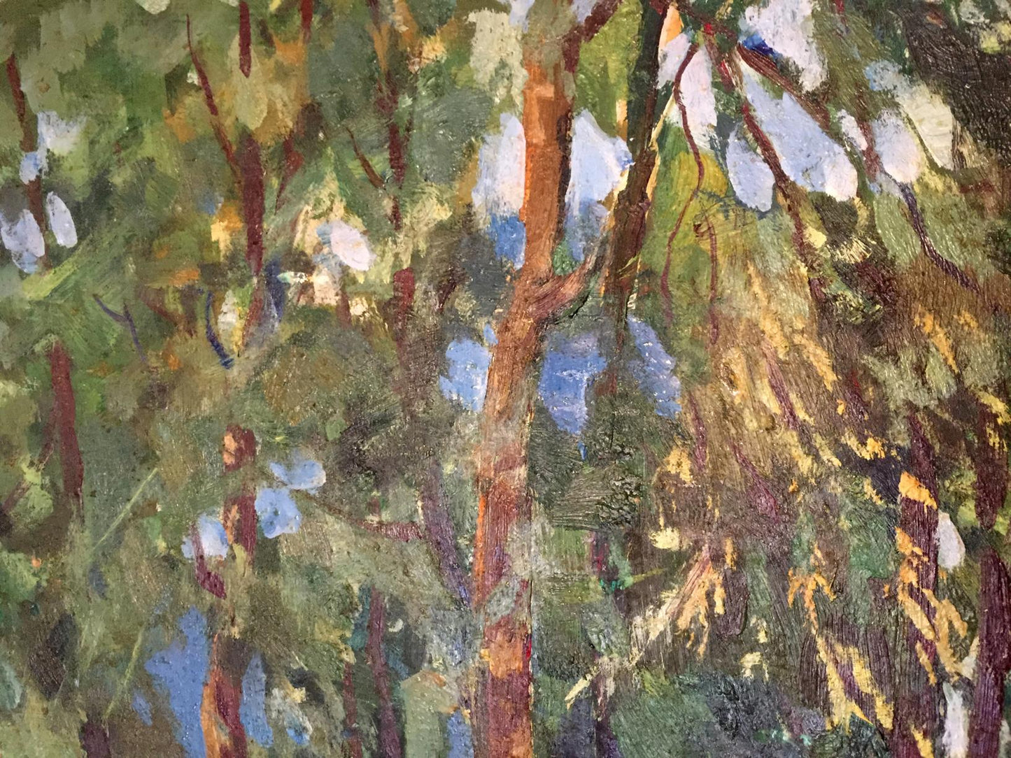 Textured impressionist oil painting of lake in forest park with dappled sunlight