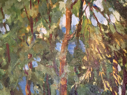 Textured impressionist oil painting of lake in forest park with dappled sunlight