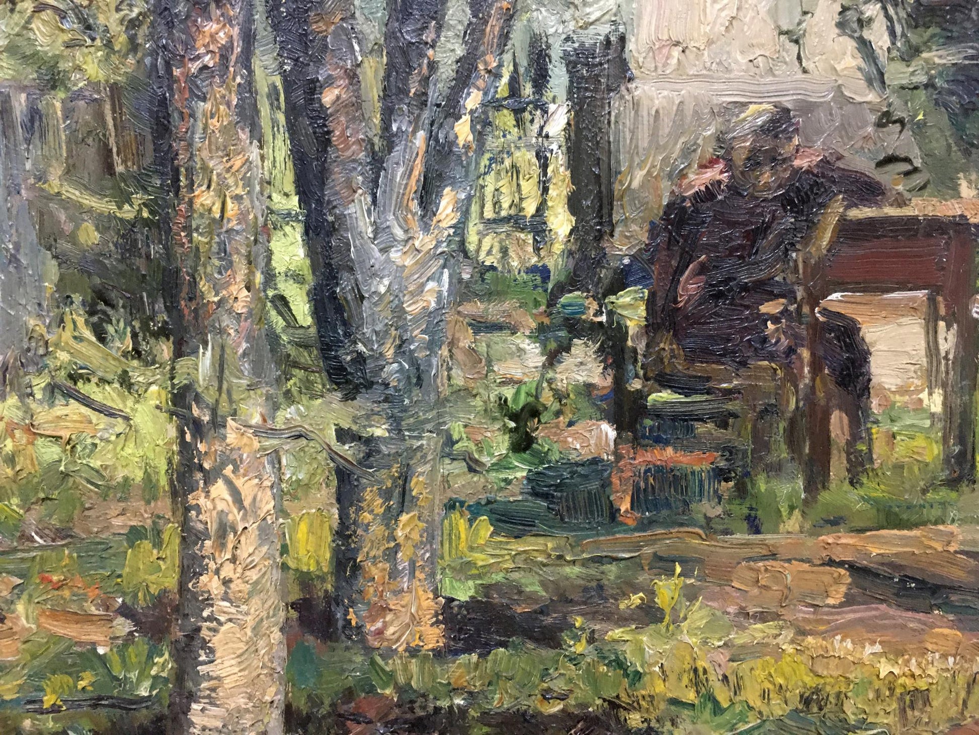 Oil painting My garden: textured impressionist figure in vibrant outdoor setting