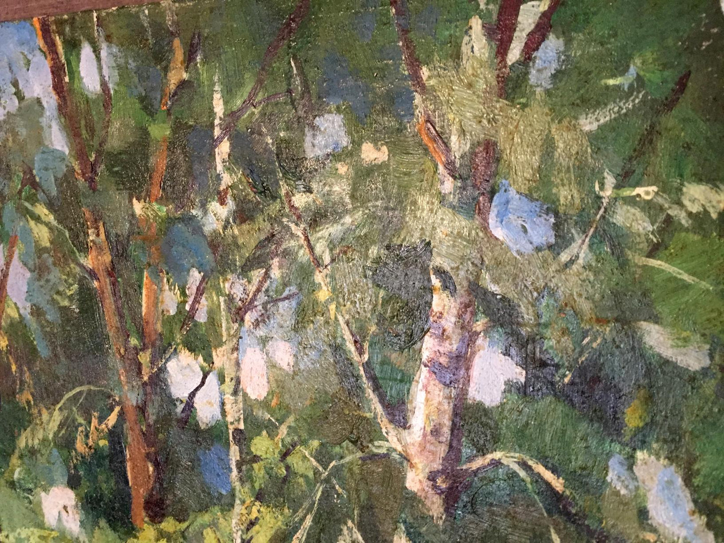 Textured impressionist oil painting of lake in wooded forest park