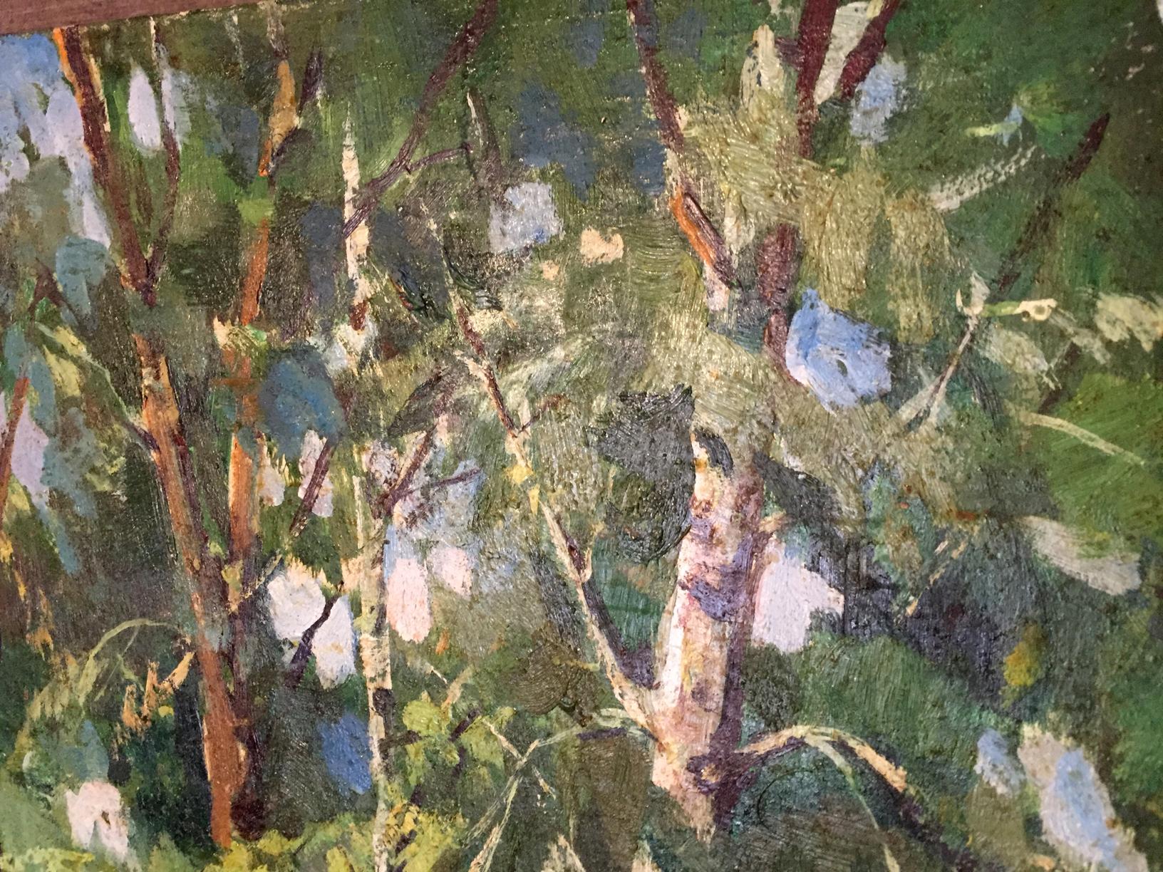 Textured impressionist oil painting of lake in wooded forest park