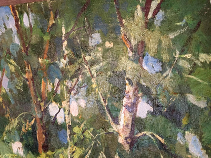 Textured impressionist oil painting of lake in wooded forest park