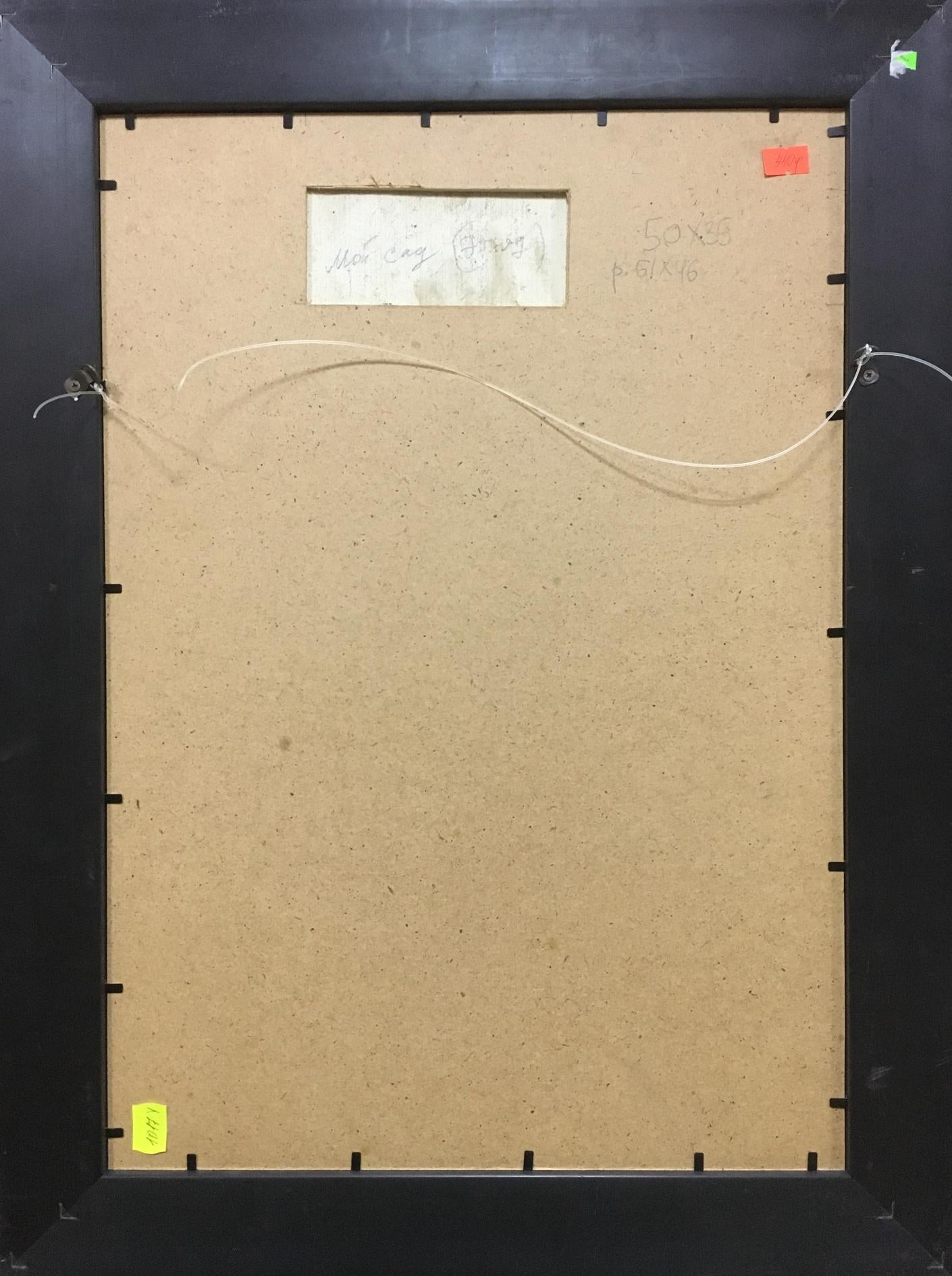 Back of Oil painting My garden with black frame, beige backing, visible hardware