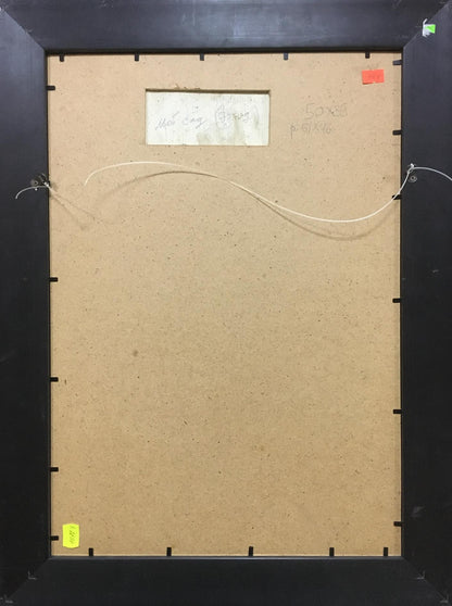 Back of Oil painting My garden with black frame, beige backing, visible hardware