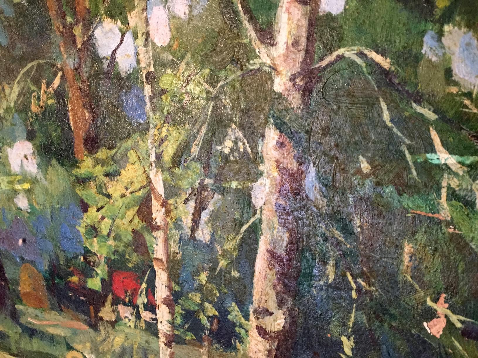 Impressionistic oil painting of lake in forest park with tall trees