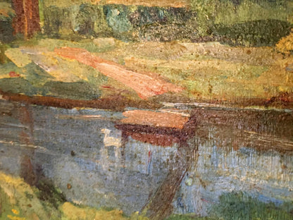 Textured impressionistic oil painting of lake in forest park river reflection